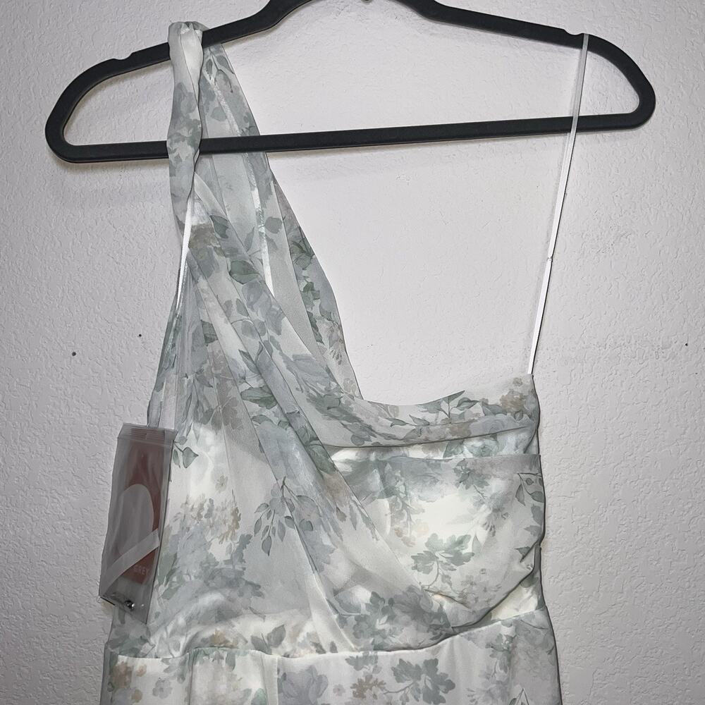 Birdy Grey Kira Dress Size XL Sage Bouquet Floral Chiffon One-Shoulder Slit Gown - Picture 9 of 14